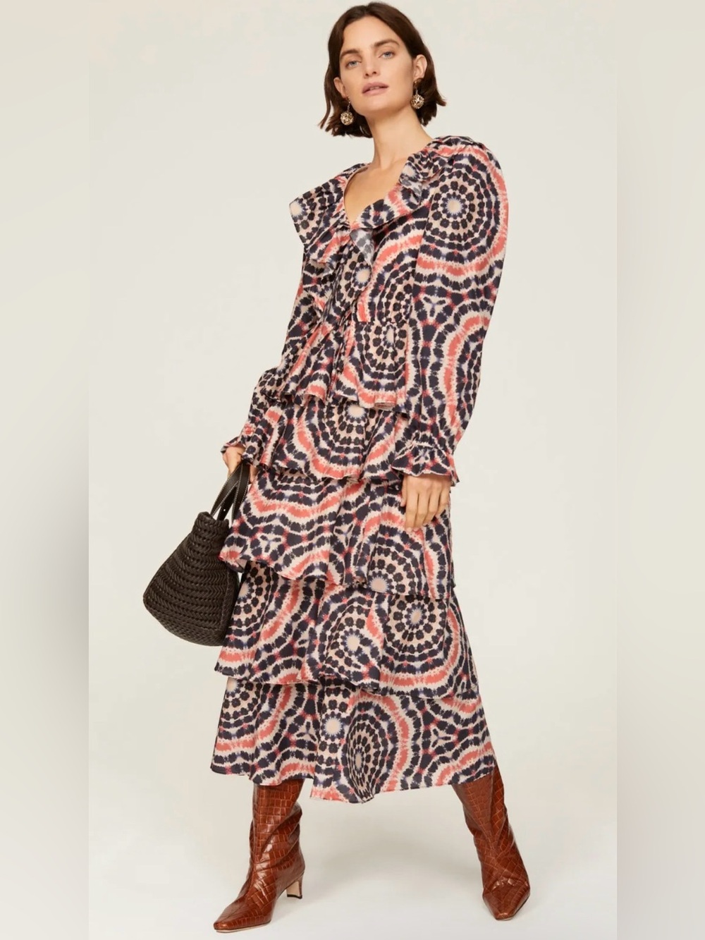 Marie Oliver Blythe Coral and Navy Tie-Dye Tiered Maxi Midi Skirt